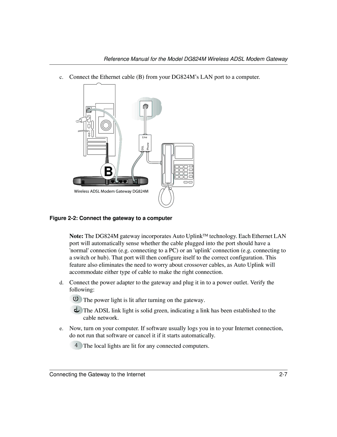 NETGEAR DG824M manual Connect the Ethernet cable B Port to a computer 