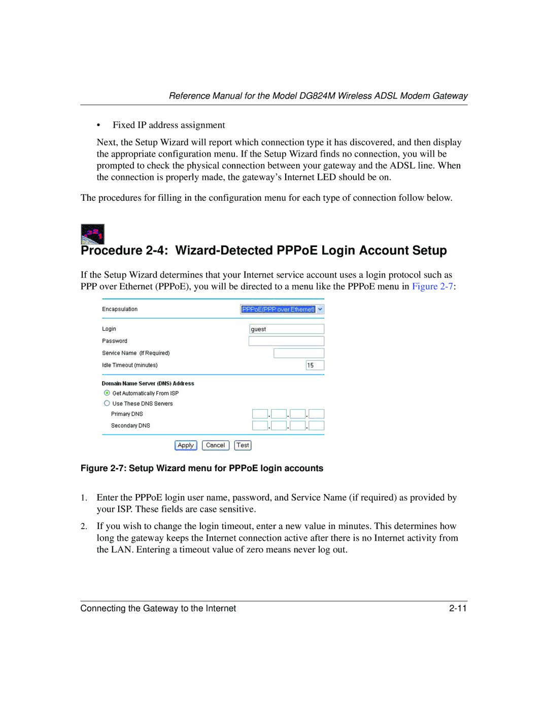 NETGEAR DG824M manual Procedure 2-4 Wizard-Detected PPPoE Login Account Setup, Setup Wizard menu for PPPoE login accounts 