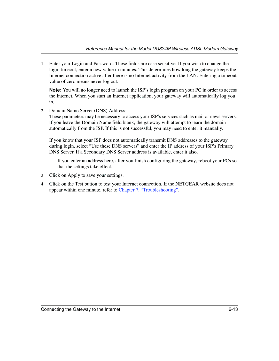 NETGEAR DG824M manual Connecting the Gateway to the Internet 