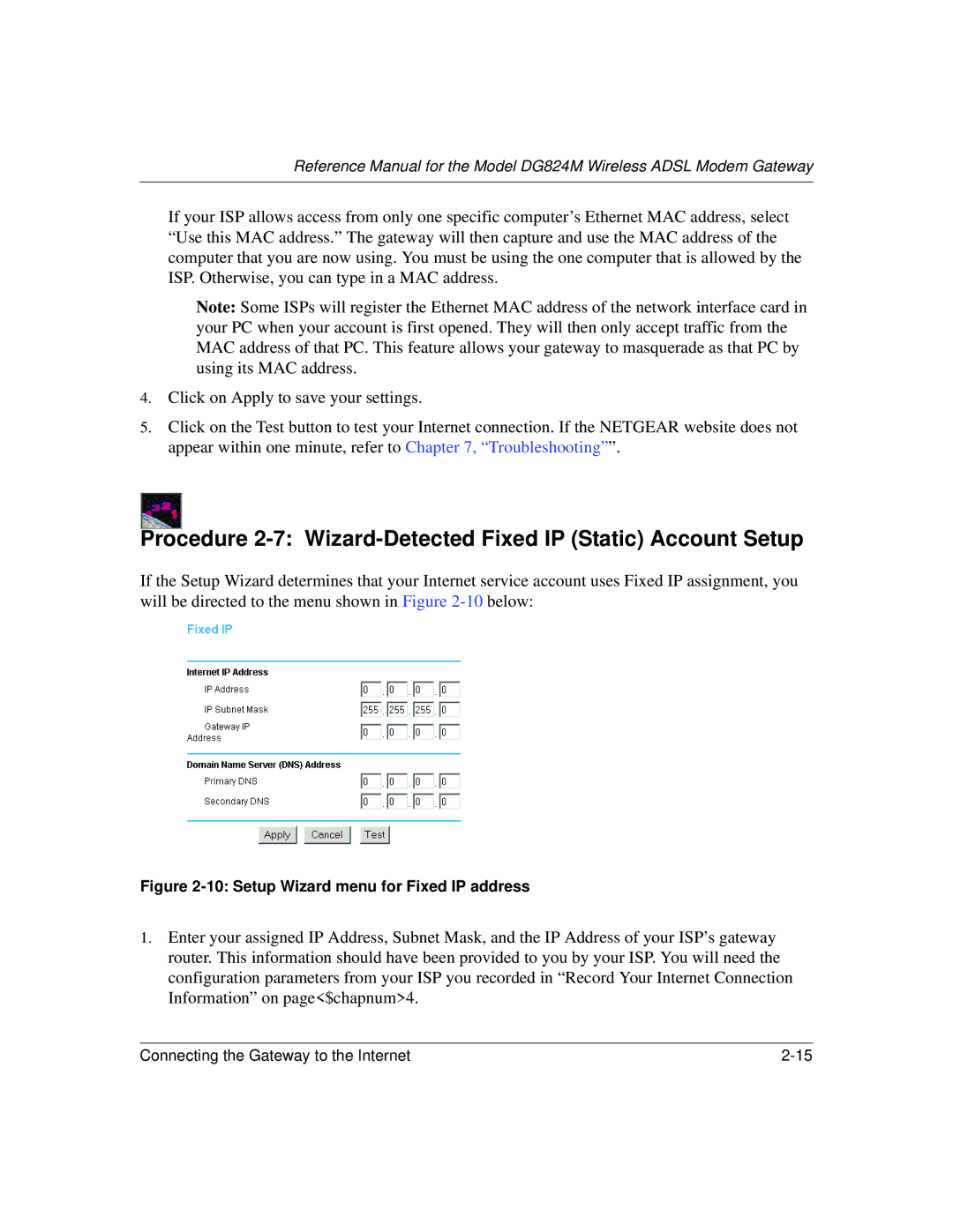 NETGEAR DG824M manual Procedure 2-7 Wizard-Detected Fixed IP Static Account Setup, Setup Wizard menu for Fixed IP address 