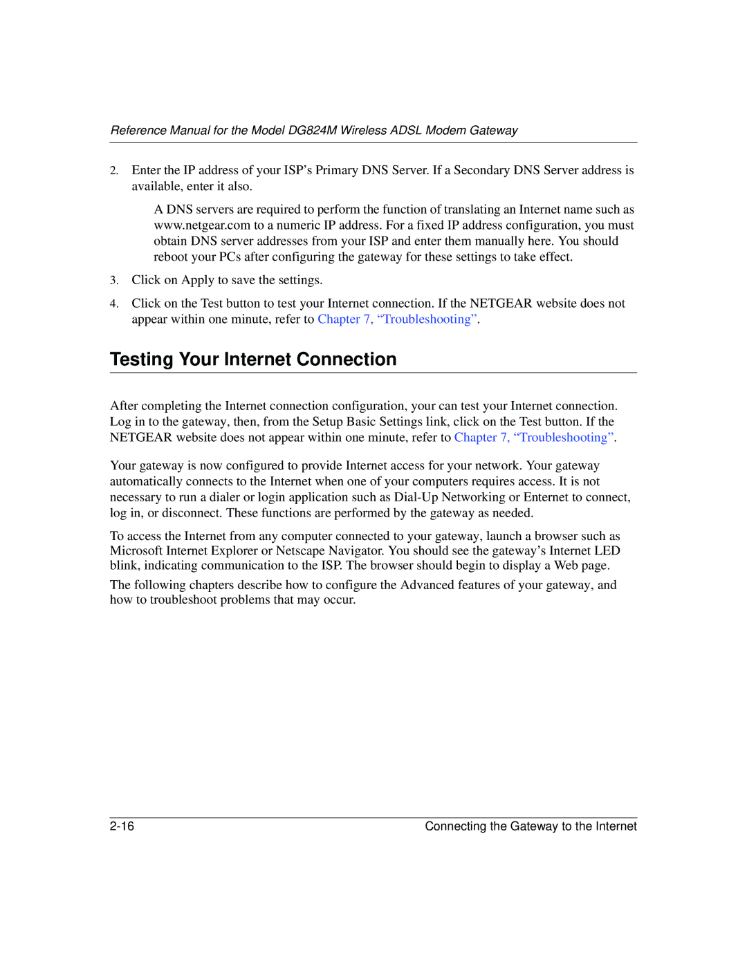 NETGEAR DG824M manual Testing Your Internet Connection 