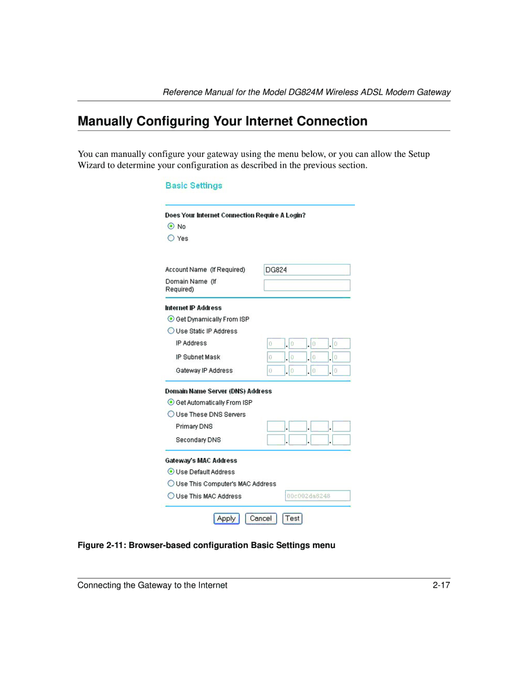 NETGEAR DG824M manual Manually Configuring Your Internet Connection, Browser-based configuration Basic Settings menu 