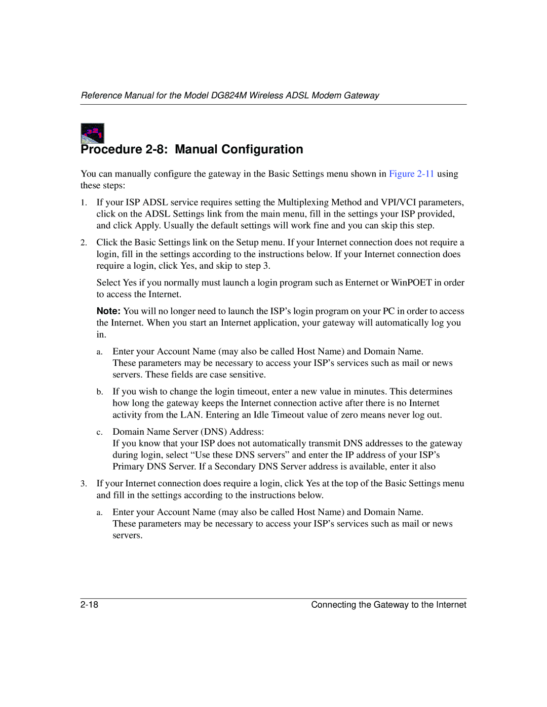 NETGEAR DG824M manual Procedure 2-8 Manual Configuration 