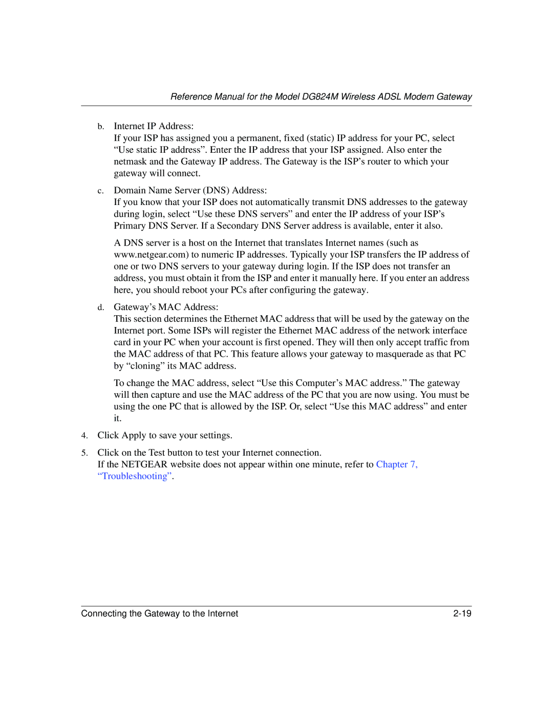 NETGEAR DG824M manual Connecting the Gateway to the Internet 