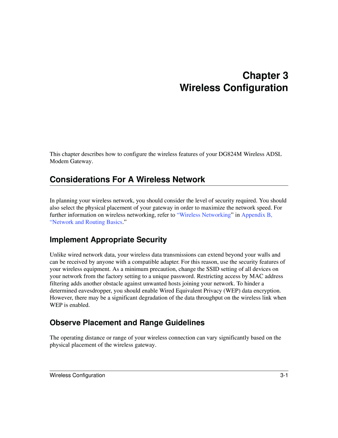 NETGEAR DG824M manual Chapter Wireless Configuration, Considerations For a Wireless Network, Implement Appropriate Security 