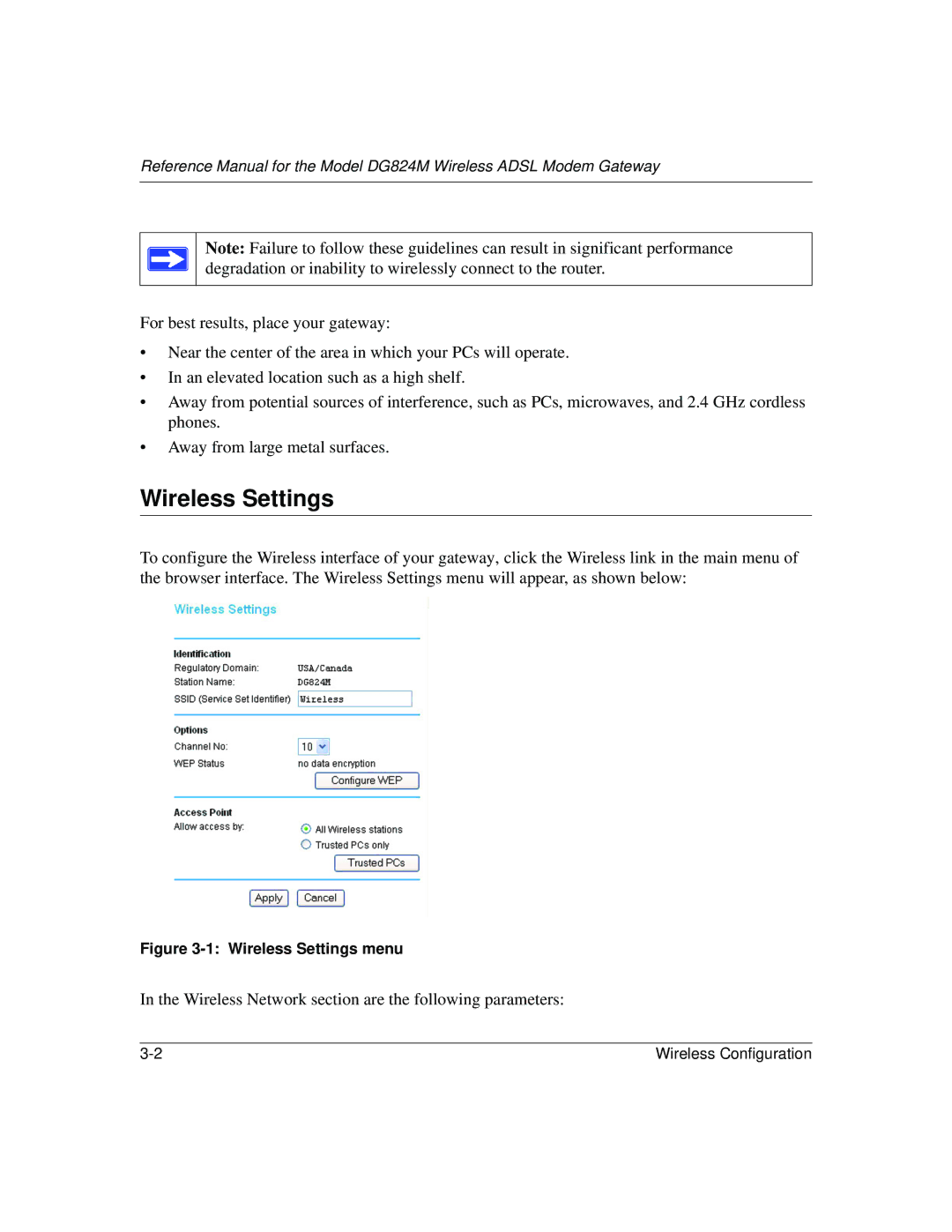 NETGEAR DG824M manual Wireless Settings menu 