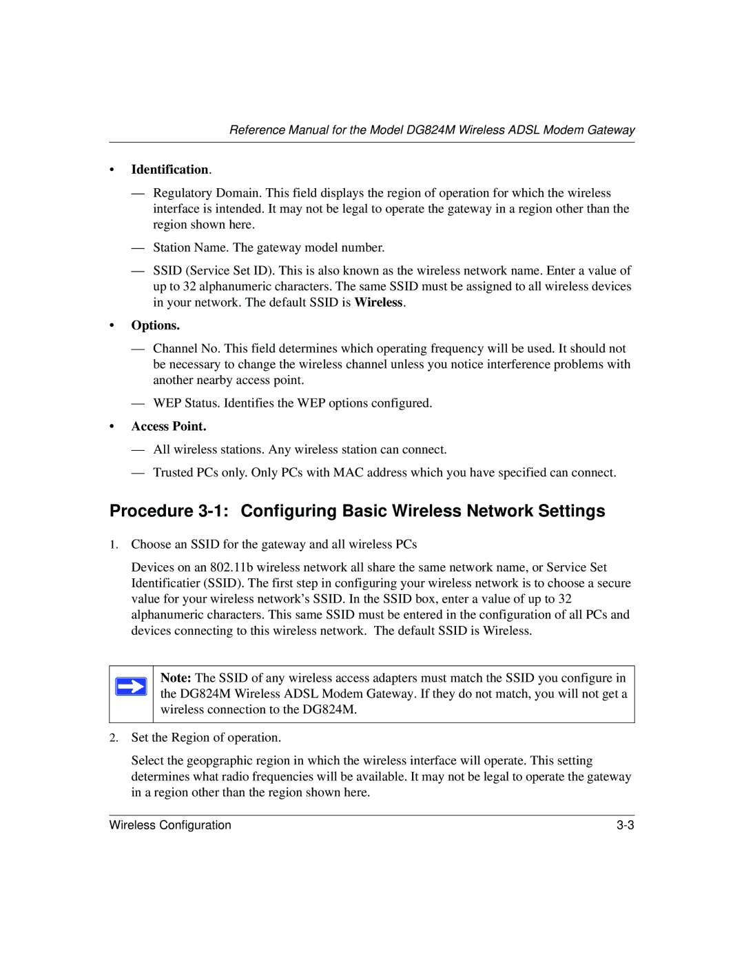 NETGEAR DG824M manual Procedure 3-1 Configuring Basic Wireless Network Settings, Identification 