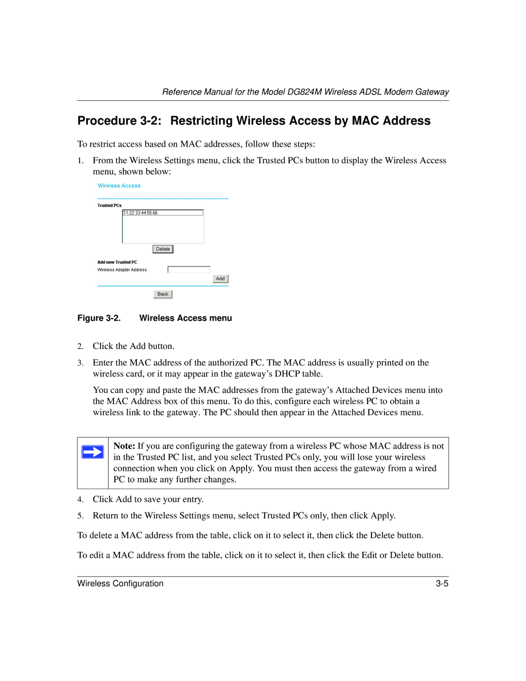 NETGEAR DG824M manual Procedure 3-2 Restricting Wireless Access by MAC Address, Wireless Access menu 