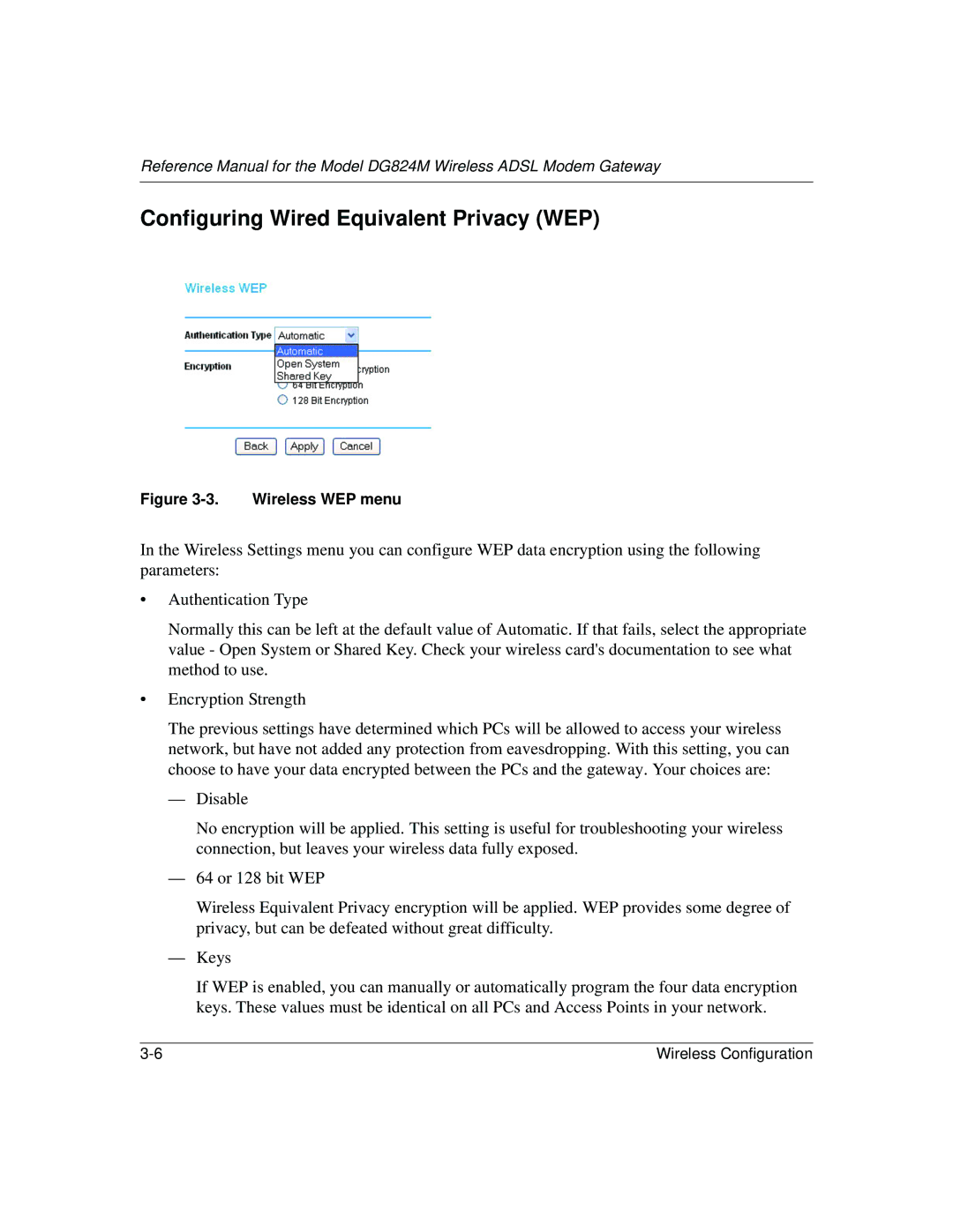 NETGEAR DG824M manual Configuring Wired Equivalent Privacy WEP, Wireless WEP menu 