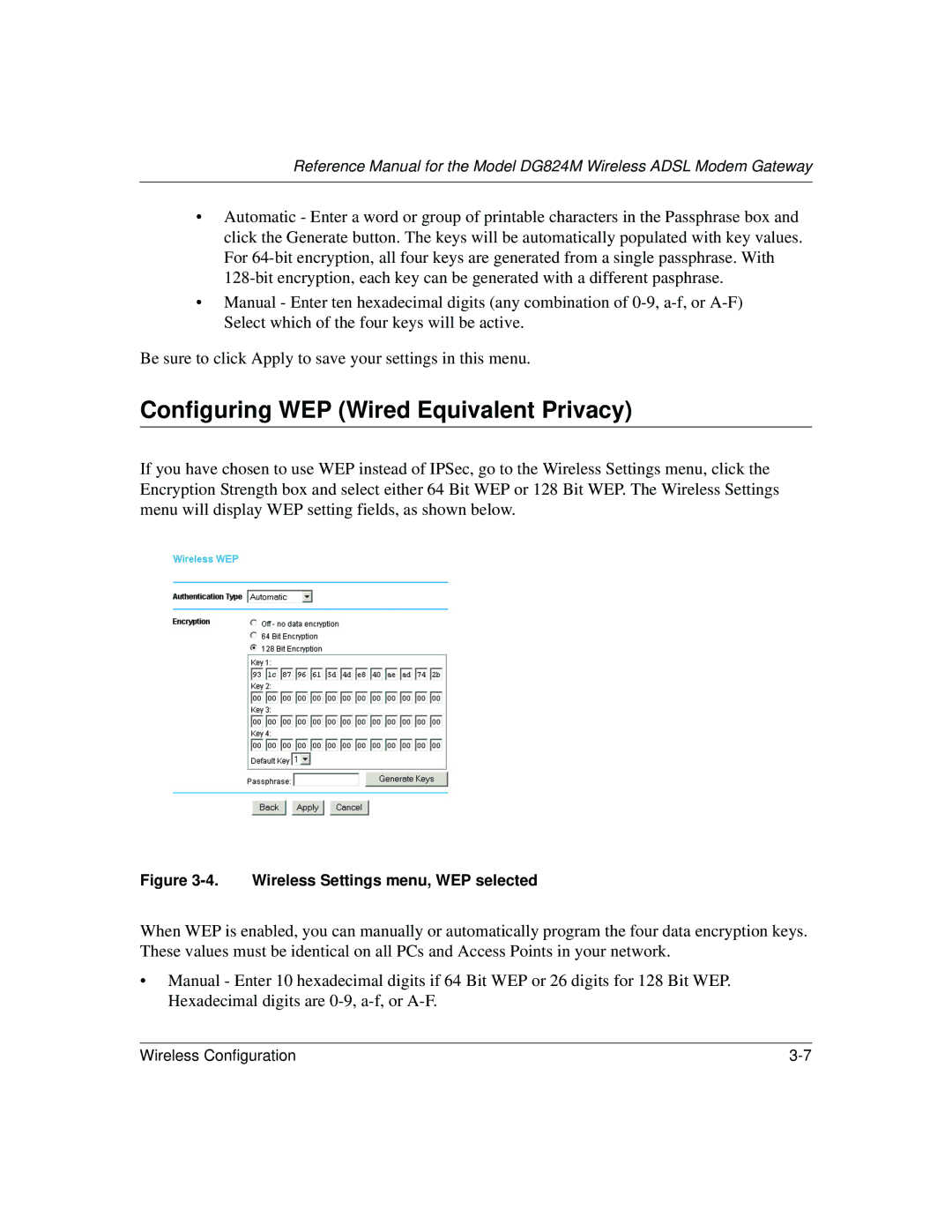 NETGEAR DG824M manual Configuring WEP Wired Equivalent Privacy, Wireless Settings menu, WEP selected 