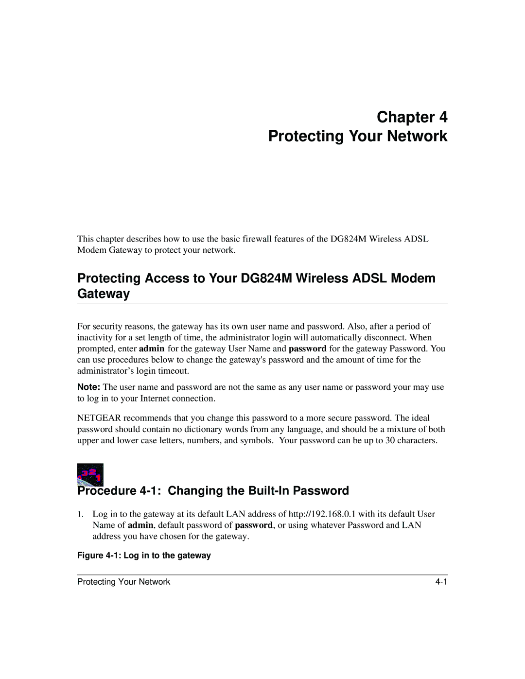 NETGEAR DG824M manual Chapter Protecting Your Network, Procedure 4-1 Changing the Built-In Password 