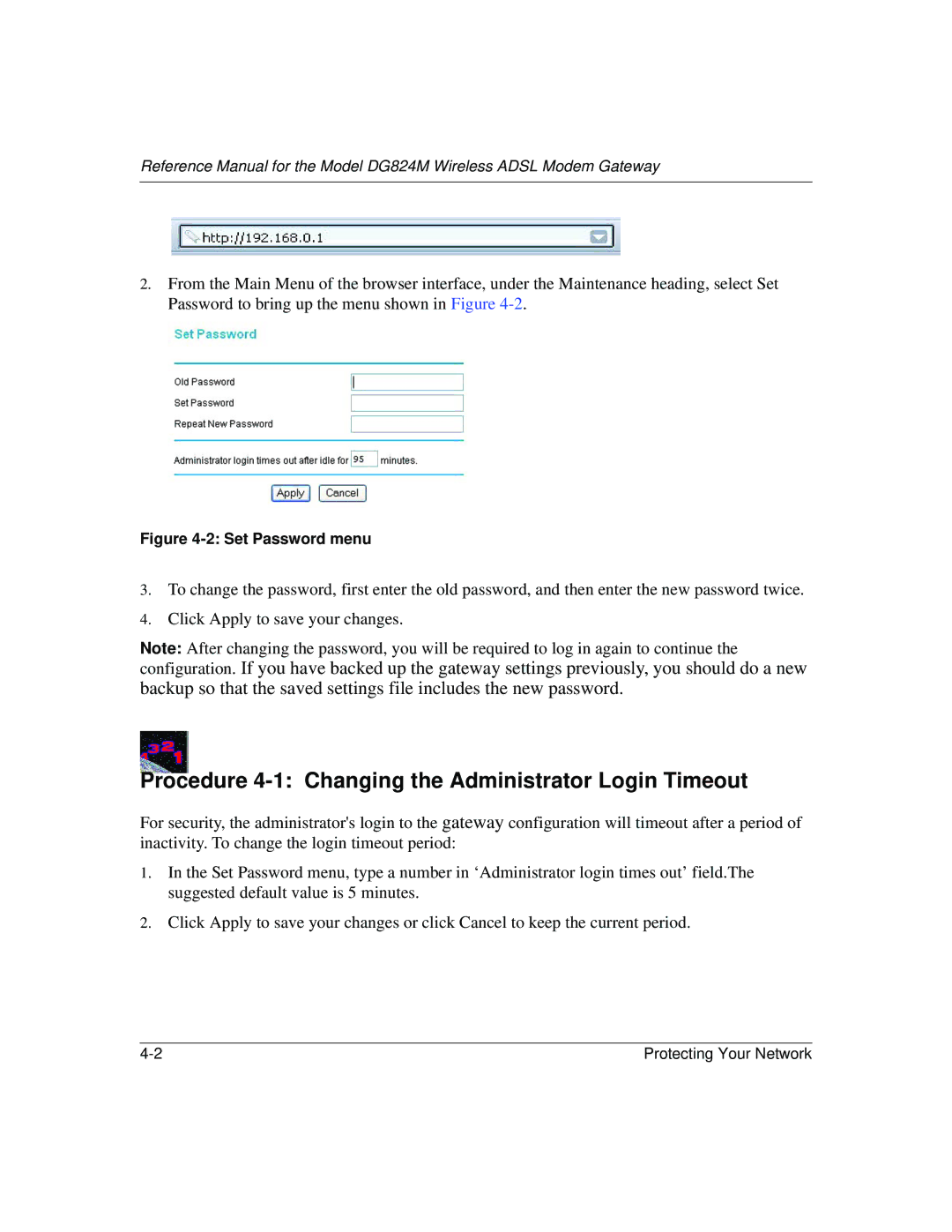 NETGEAR DG824M manual Procedure 4-1 Changing the Administrator Login Timeout, Set Password menu 