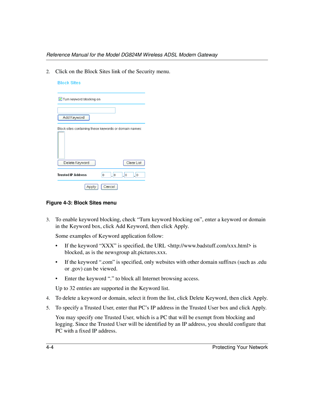 NETGEAR DG824M manual Click on the Block Sites link of the Security menu 