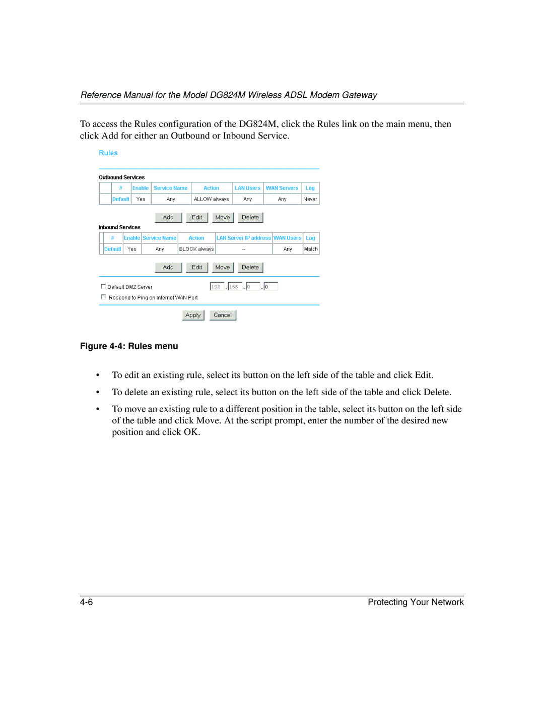 NETGEAR DG824M manual Rules menu 