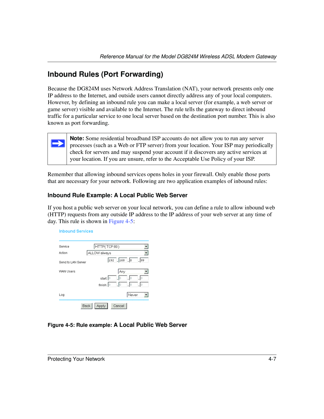 NETGEAR DG824M manual Inbound Rules Port Forwarding, Inbound Rule Example a Local Public Web Server 