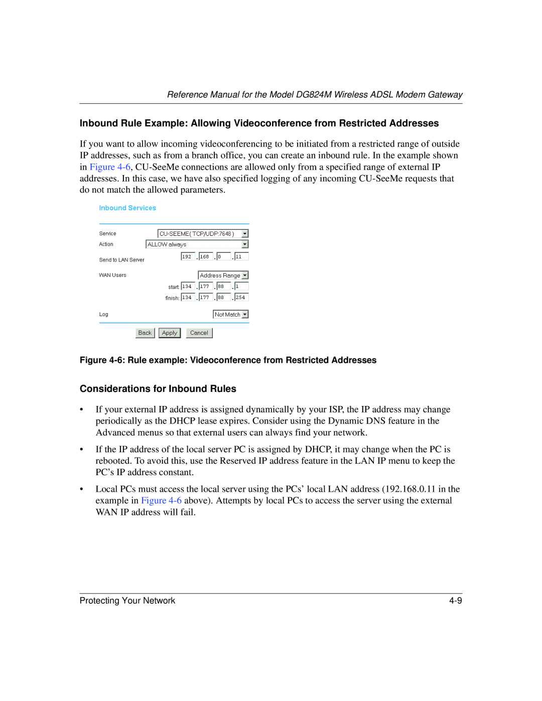 NETGEAR DG824M manual Considerations for Inbound Rules 