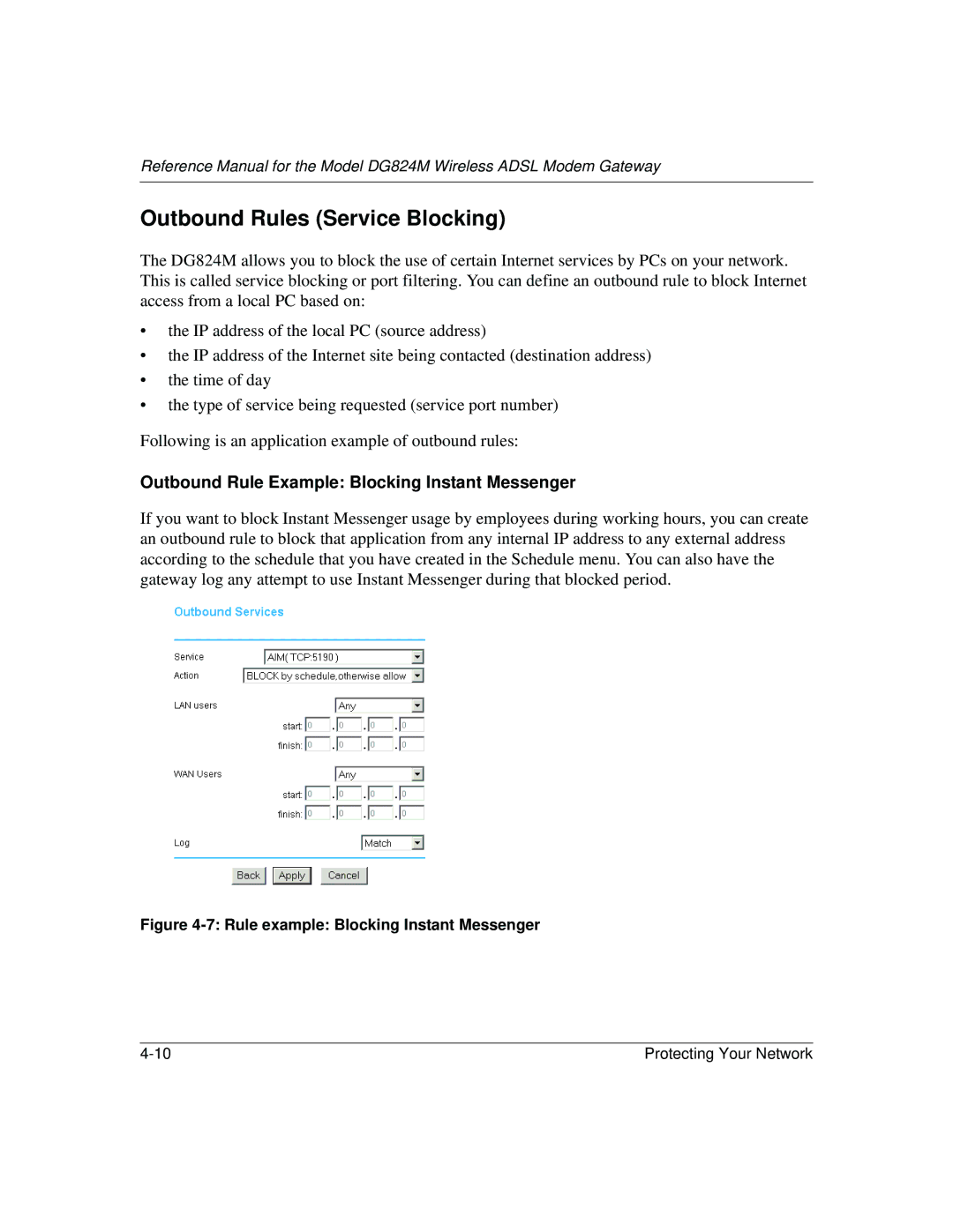 NETGEAR DG824M manual Outbound Rules Service Blocking, Outbound Rule Example Blocking Instant Messenger 