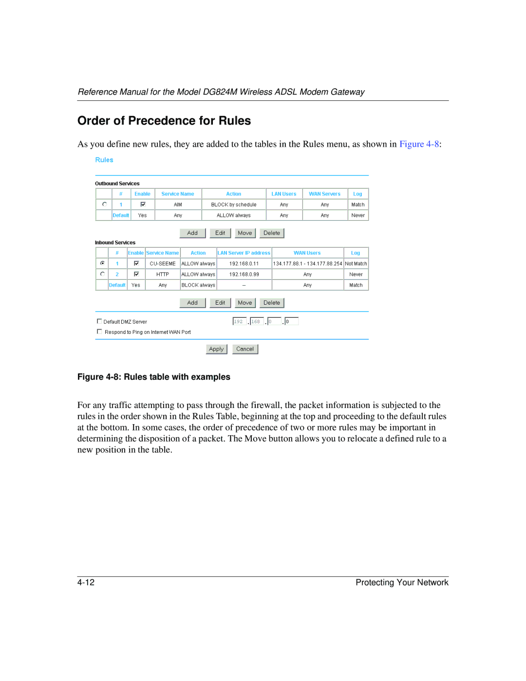 NETGEAR DG824M manual Order of Precedence for Rules, Rules table with examples 