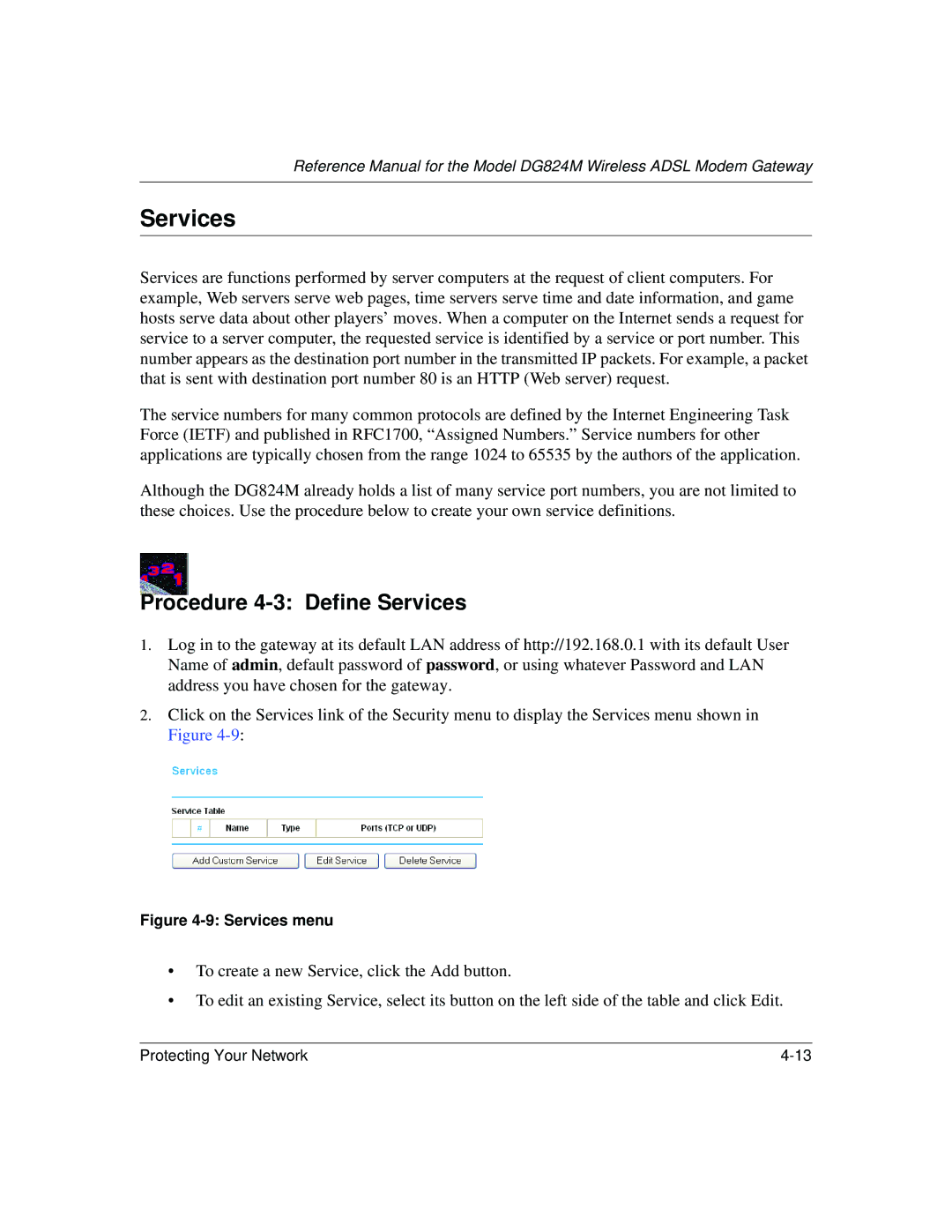 NETGEAR DG824M manual Procedure 4-3 Define Services 