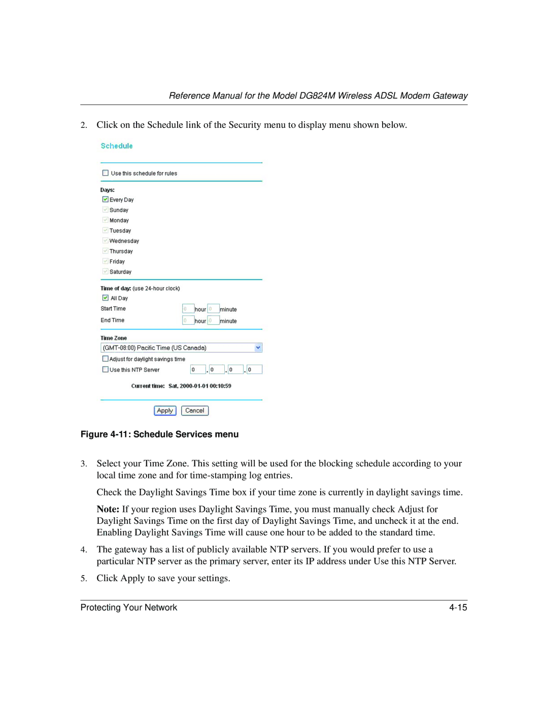 NETGEAR DG824M manual Schedule Services menu 