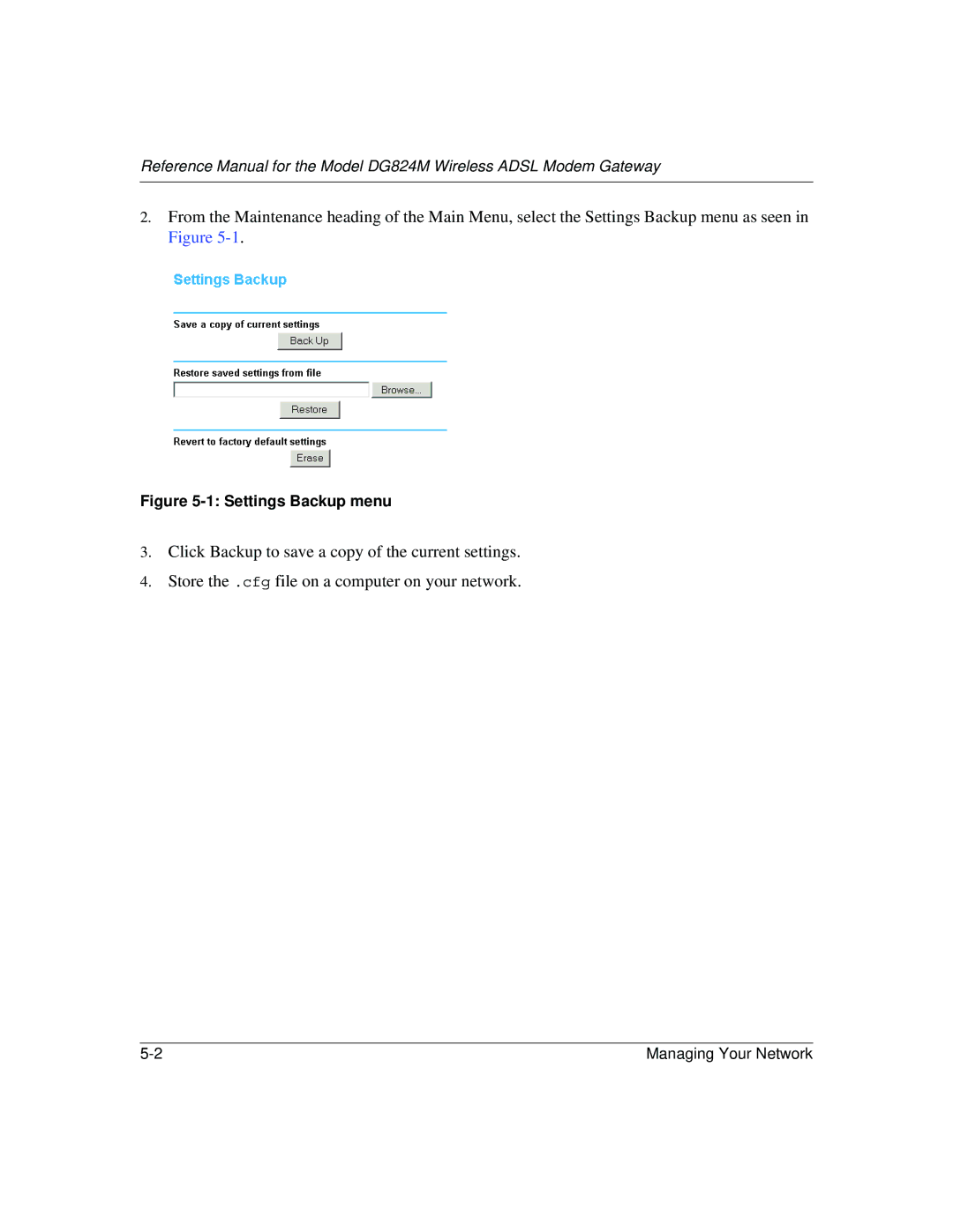 NETGEAR DG824M manual Settings Backup menu 