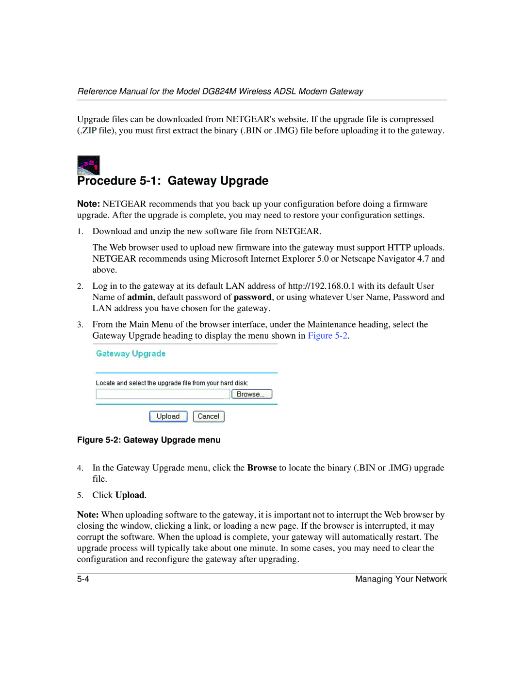 NETGEAR DG824M manual Procedure 5-1 Gateway Upgrade, Gateway Upgrade menu 
