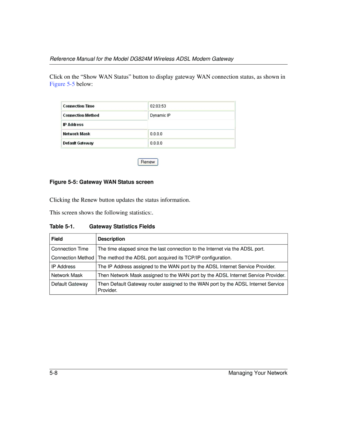 NETGEAR DG824M manual Gateway WAN Status screen 