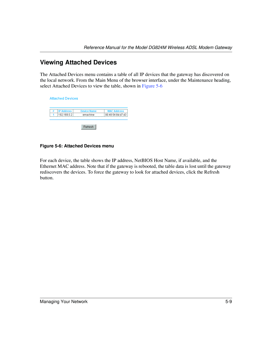 NETGEAR DG824M manual Viewing Attached Devices, Attached Devices menu 