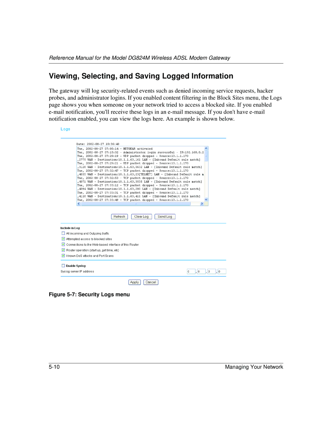 NETGEAR DG824M manual Viewing, Selecting, and Saving Logged Information, Security Logs menu 