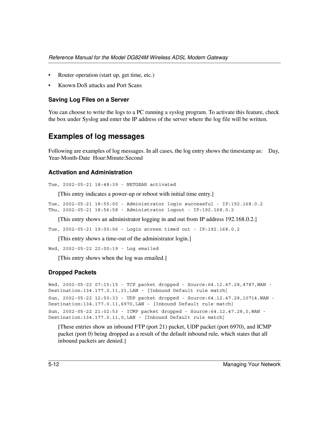 NETGEAR DG824M manual Examples of log messages, Saving Log Files on a Server 