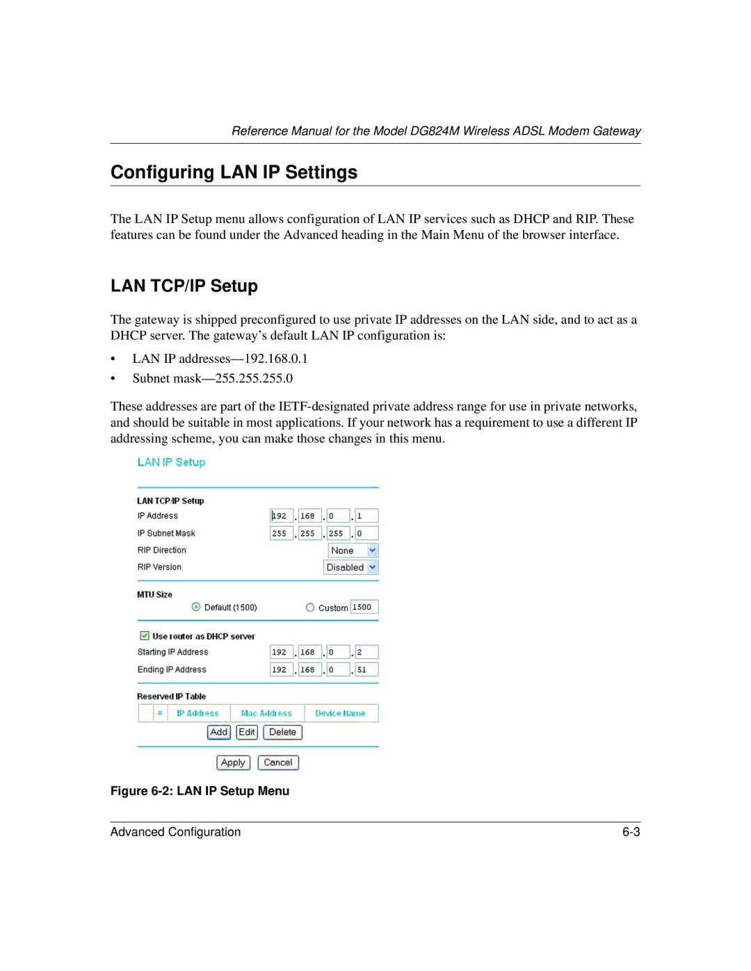 NETGEAR DG824M manual Configuring LAN IP Settings, LAN TCP/IP Setup 