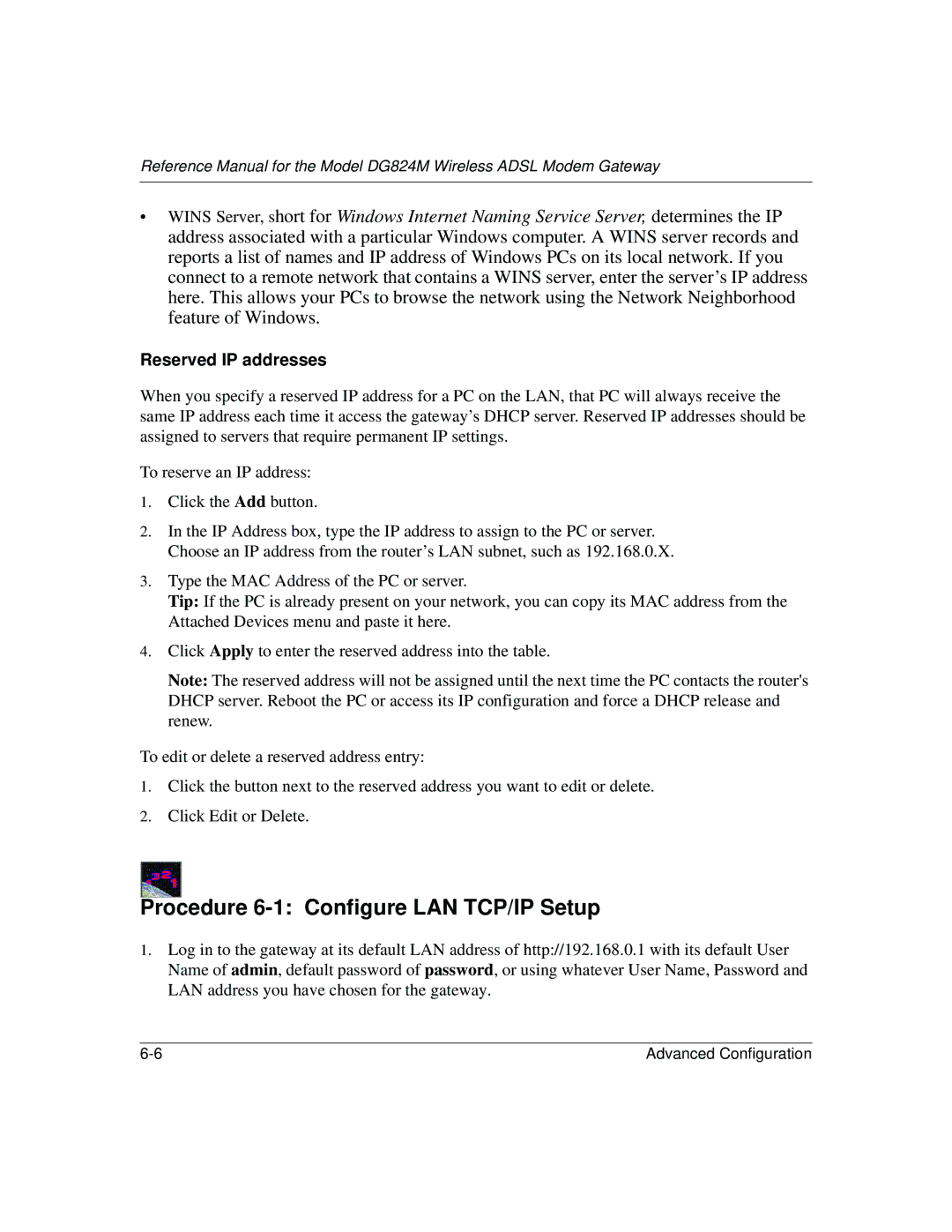 NETGEAR DG824M manual Procedure 6-1 Configure LAN TCP/IP Setup, Reserved IP addresses 