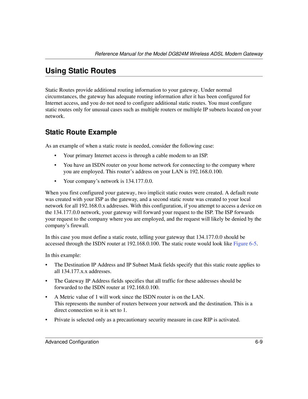 NETGEAR DG824M manual Using Static Routes, Static Route Example 