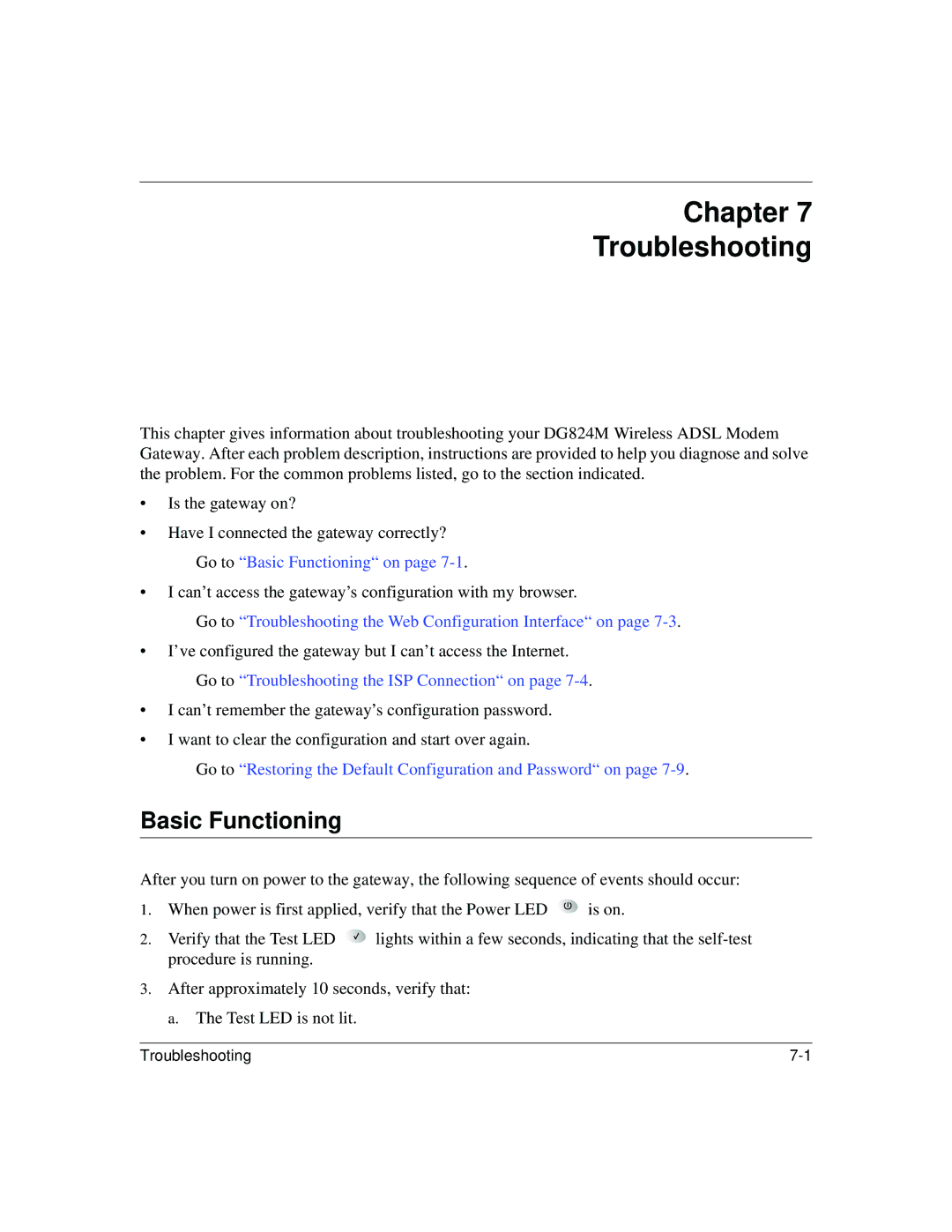 NETGEAR DG824M manual Chapter Troubleshooting, Basic Functioning 