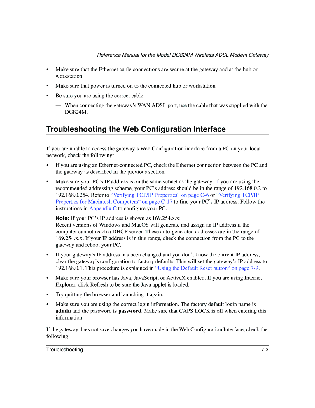 NETGEAR DG824M manual Troubleshooting the Web Configuration Interface 