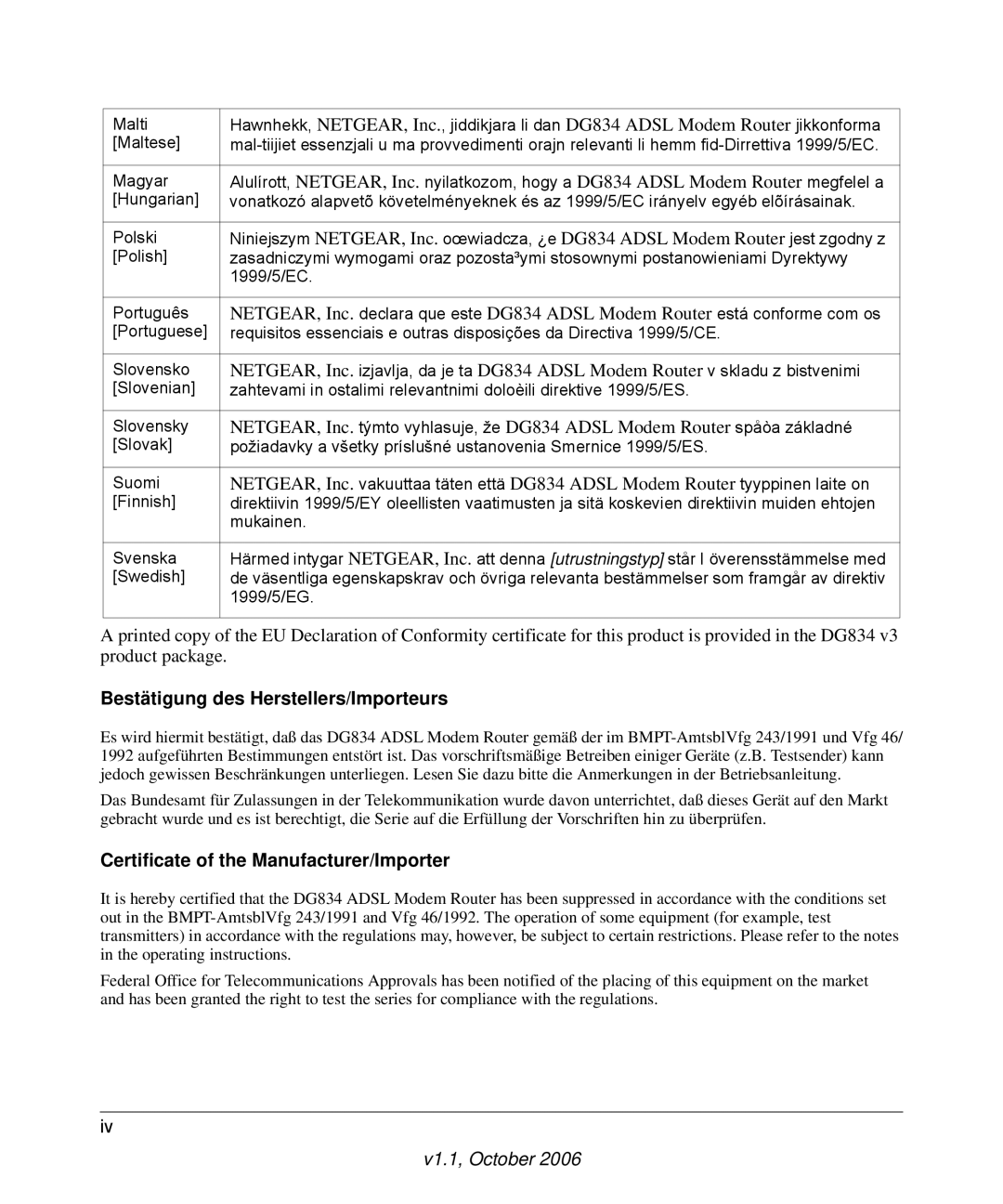 NETGEAR DG834 V3 manual Bestätigung des Herstellers/Importeurs, Certificate of the Manufacturer/Importer 