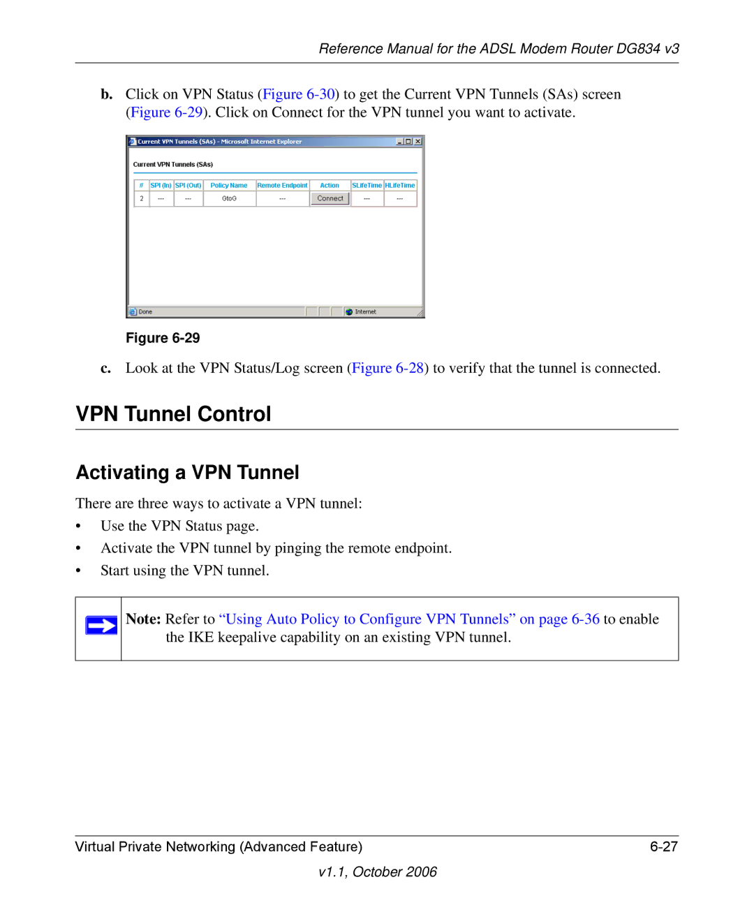 NETGEAR DG834 V3 manual VPN Tunnel Control, Activating a VPN Tunnel 