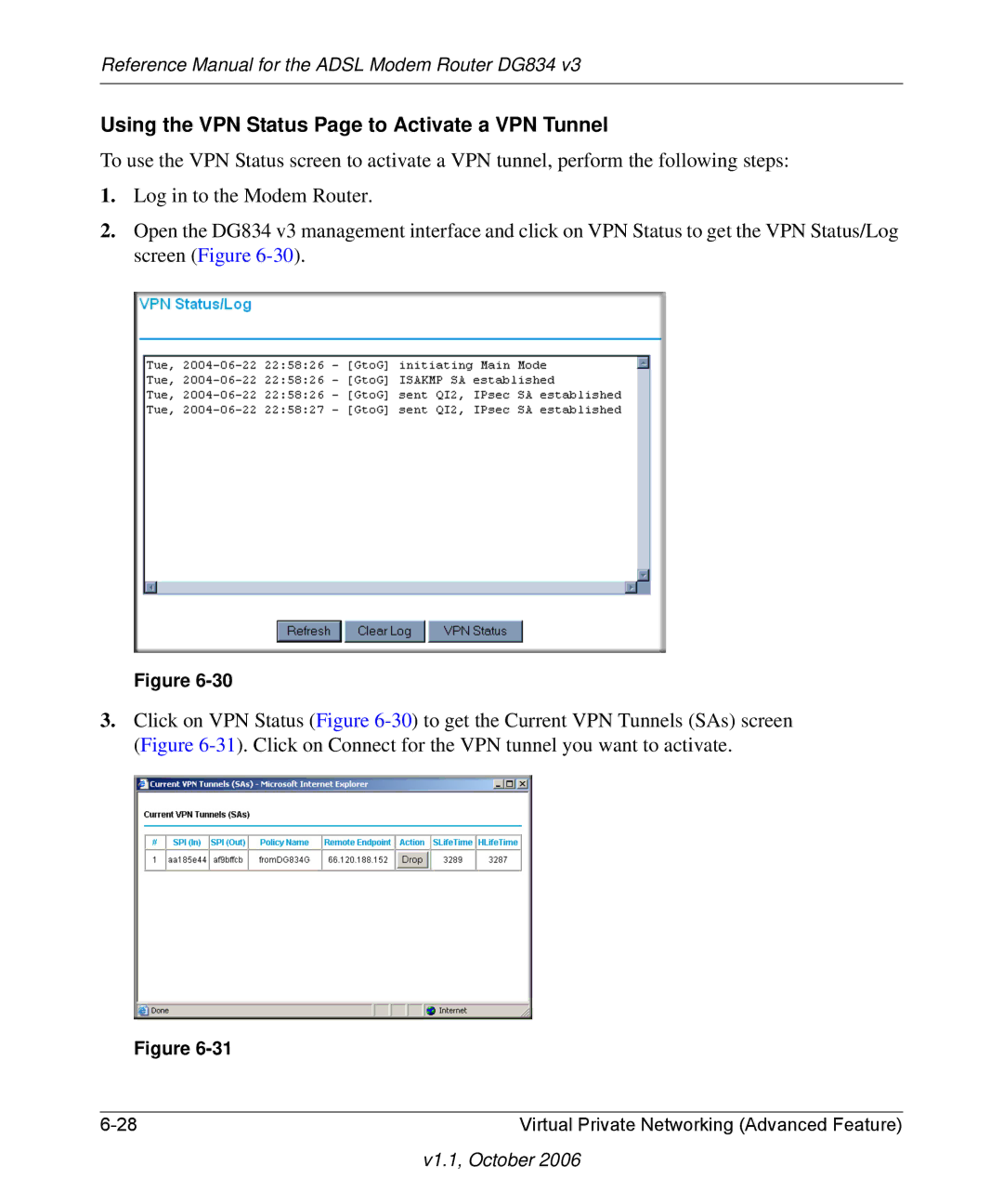 NETGEAR DG834 V3 manual Using the VPN Status Page to Activate a VPN Tunnel 