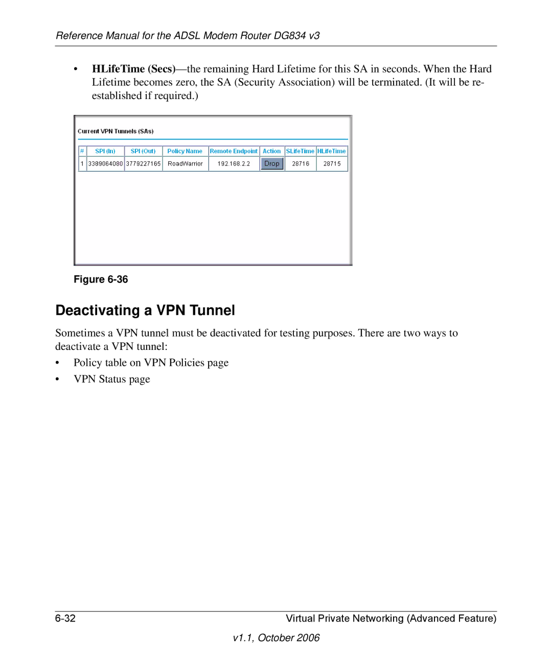 NETGEAR DG834 V3 manual Deactivating a VPN Tunnel 