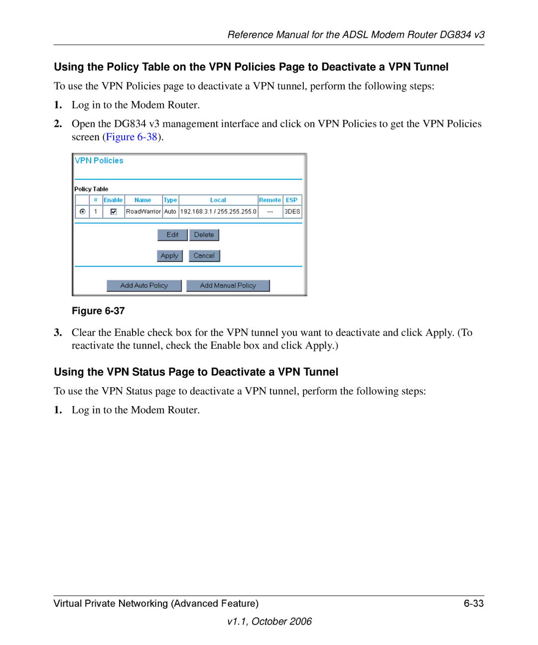 NETGEAR DG834 V3 manual Using the VPN Status Page to Deactivate a VPN Tunnel 