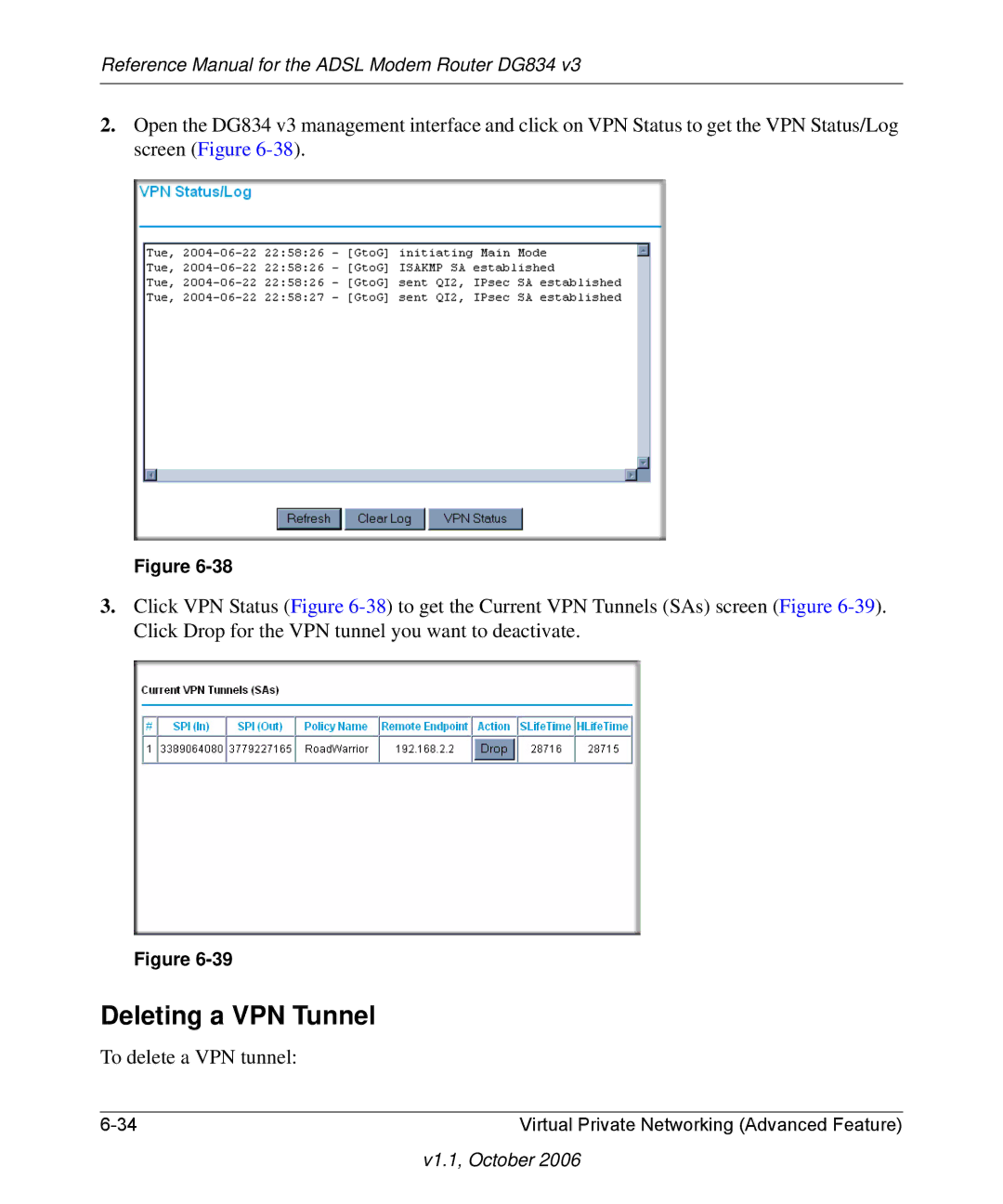 NETGEAR DG834 V3 manual Deleting a VPN Tunnel, To delete a VPN tunnel 