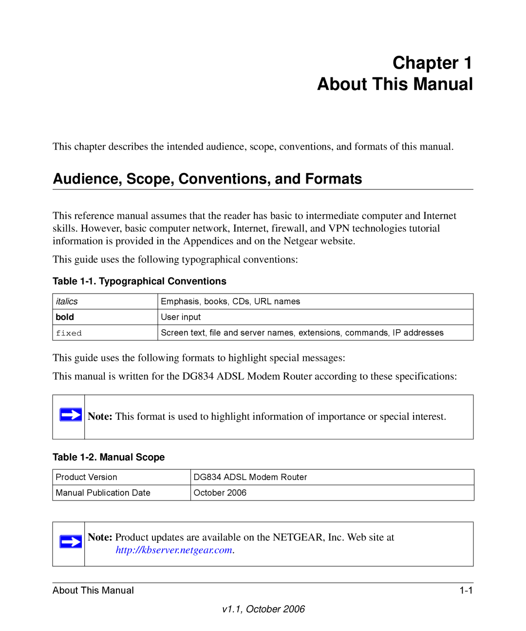 NETGEAR DG834 V3 manual Chapter About This Manual, Audience, Scope, Conventions, and Formats 