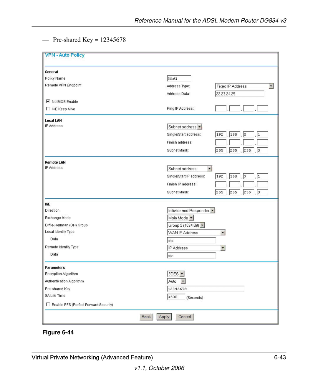 NETGEAR DG834 V3 manual Pre-shared Key = 