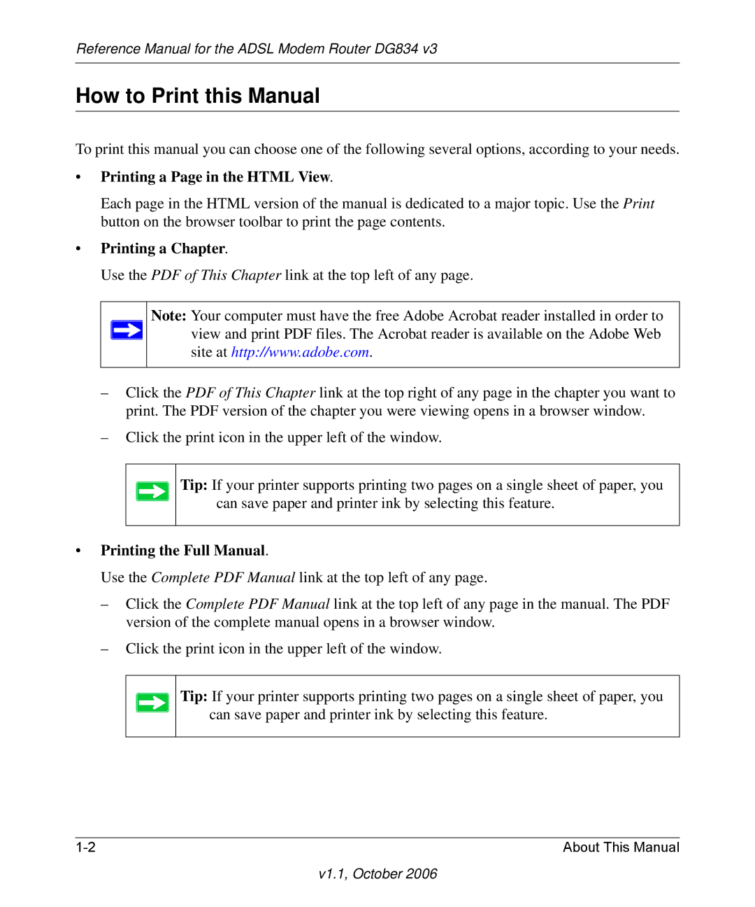 NETGEAR DG834 V3 How to Print this Manual, Printing a Page in the Html View, Printing a Chapter, Printing the Full Manual 