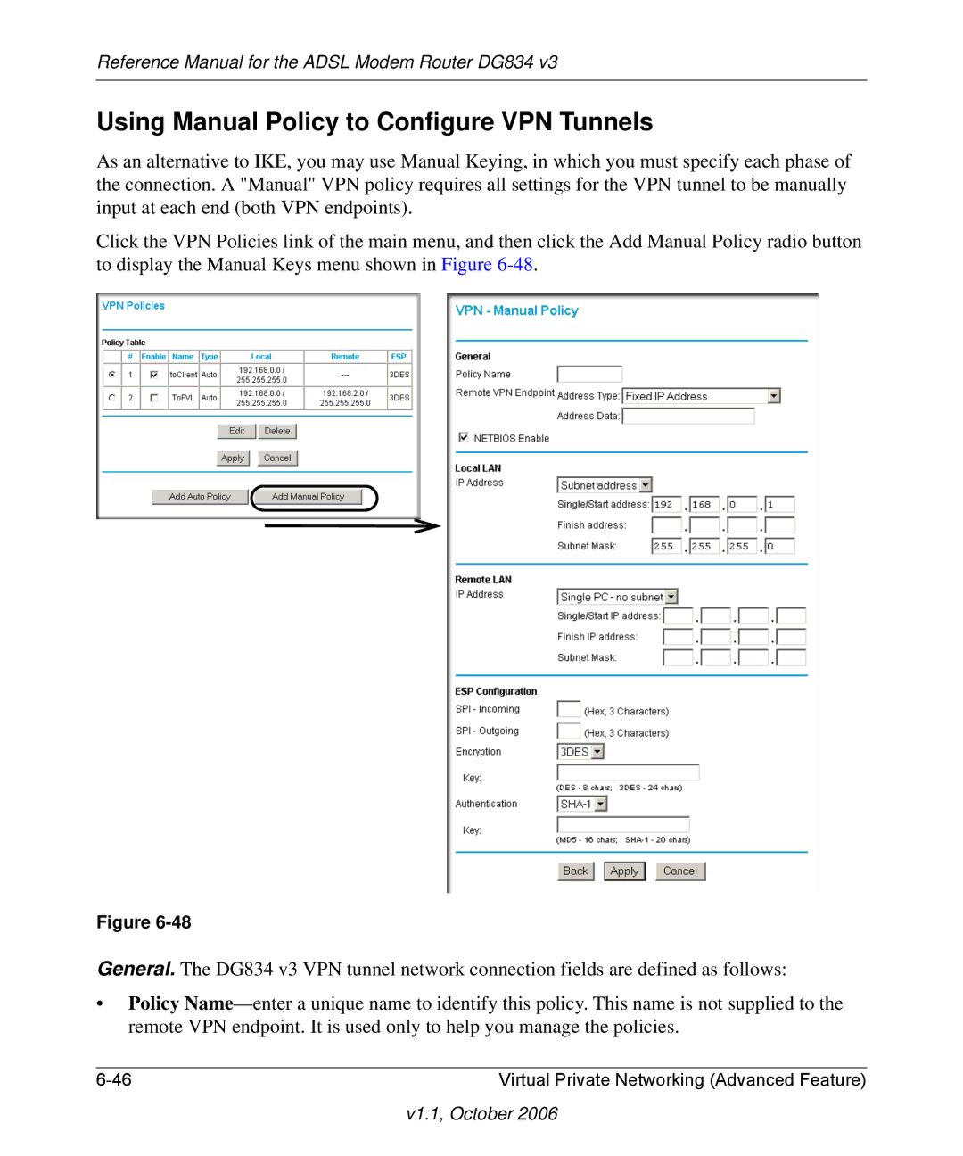 NETGEAR DG834 V3 manual Using Manual Policy to Configure VPN Tunnels 