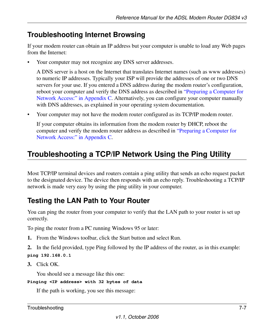 NETGEAR DG834 V3 manual Troubleshooting a TCP/IP Network Using the Ping Utility, Troubleshooting Internet Browsing 