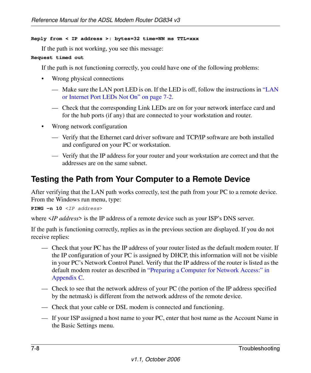 NETGEAR DG834 V3 manual Testing the Path from Your Computer to a Remote Device 