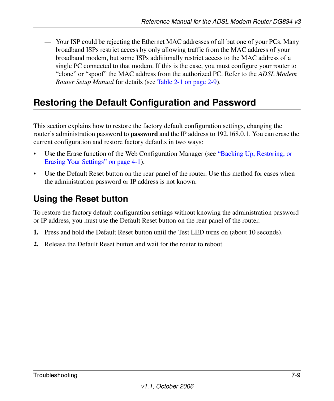 NETGEAR DG834 V3 manual Restoring the Default Configuration and Password, Using the Reset button 