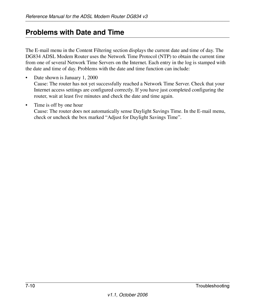 NETGEAR DG834 V3 manual Problems with Date and Time 