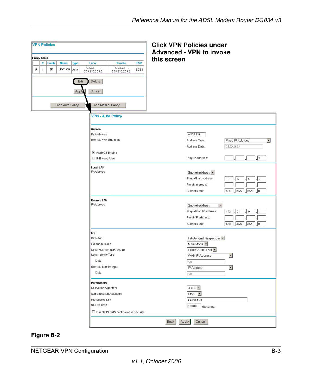 NETGEAR DG834 V3 manual Click VPN Policies under Advanced VPN to invoke this screen, Figure B-2 